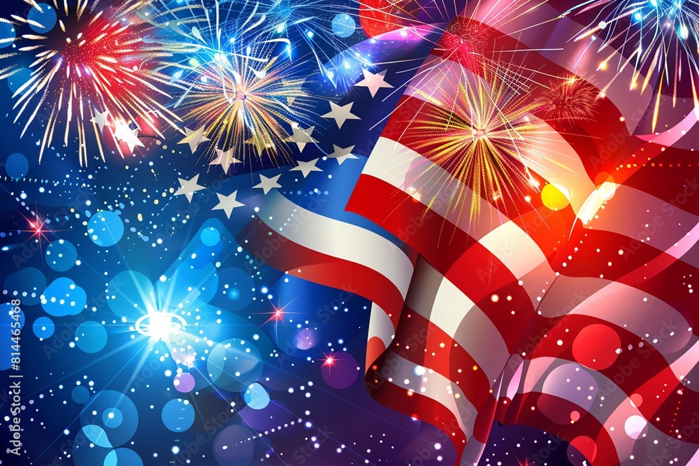Fototapeta premium Illustration USA flag with fireworks background for independence day.