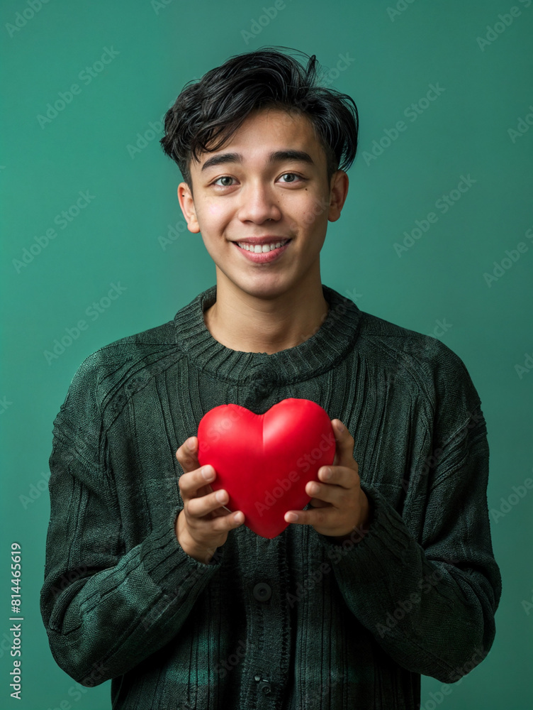 A young romantic man holds a red heart in his hands. A young romantic man holds a red heart in his hands.