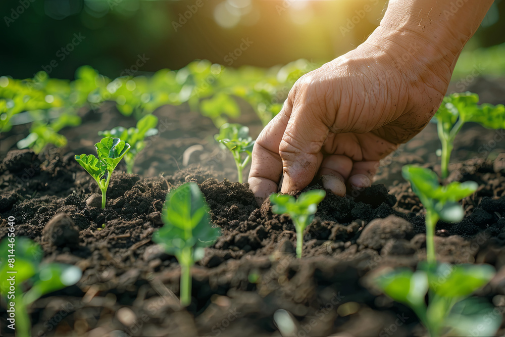 Male hands touching soil on the field. Expert hand of farmer checking soil health before growth a seed of vegetable or plant seedling. Business or ecology concept
Male hands touching soil on the field. Expert hand of farmer checking soil health before growth a seed of vegetable or plant seedling. Business or ecology concept
