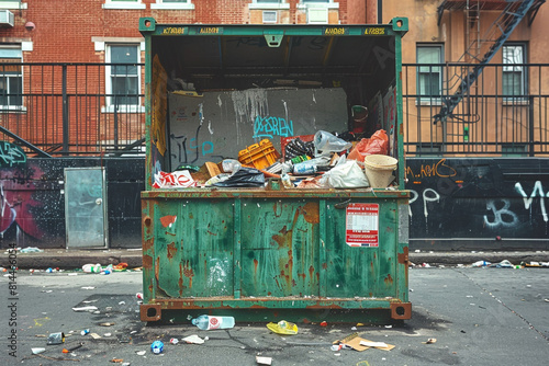 A large green open dumpster filled with assorted trash, located in an urban setting, highlighting issues related to waste management, city pollution, and environmental concerns 