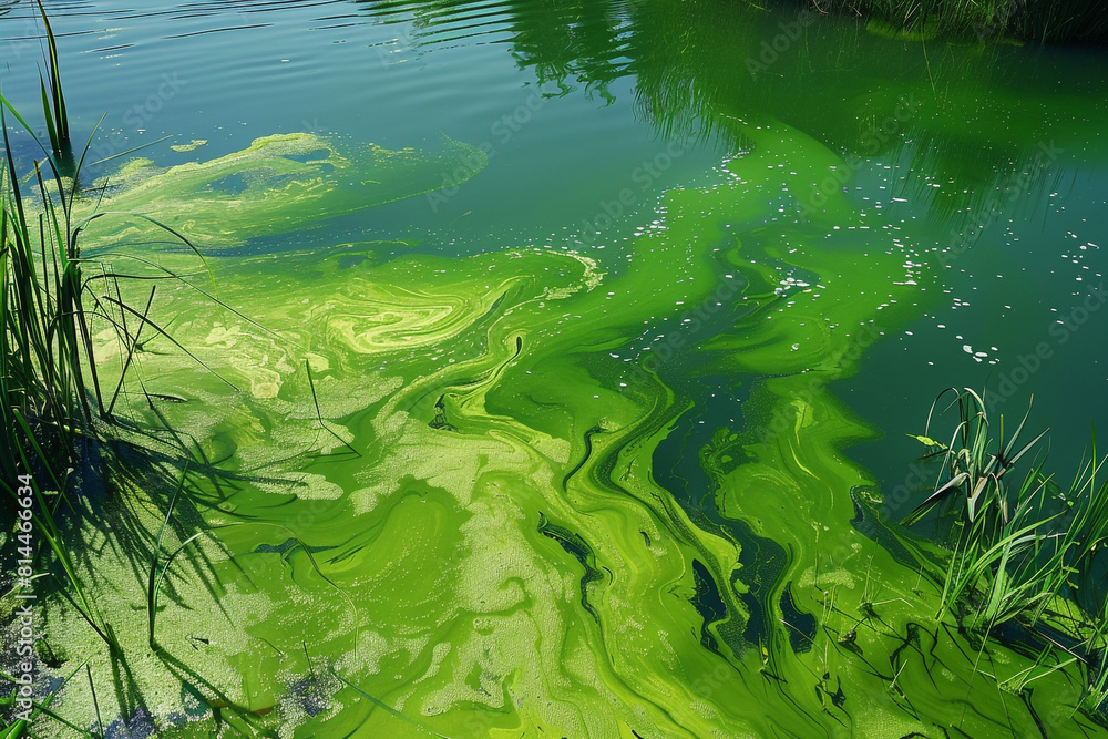 A large, bright green algae bloom is seen in a body of water A large, bright green algae bloom is seen in a body of water
