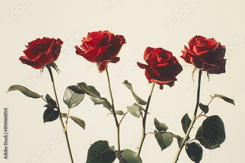 Four red roses in a vase against a white background with space for message  Romance Love Concept