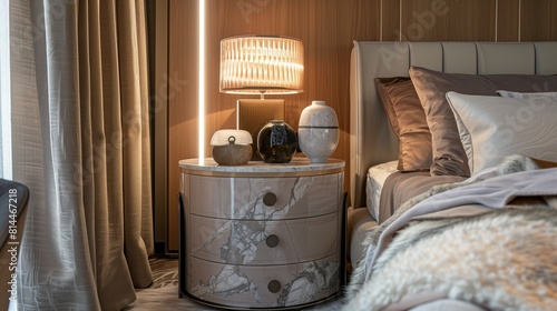 A bedroom with a luxurious, marble-topped bedside table, a sleek lamp, and a soft, cashmere throw