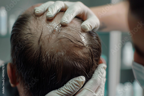 A man receiving advanced hair follicle treatment from a dermatologist to cure baldness and promote hair growth, showcasing a medical solution to hair loss issues 