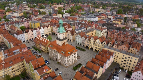 Panoramic aerial image of Jelenia Góra's market square and 18th-century town hall.
