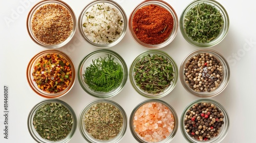Advertising-ready top view of essential burger seasonings, including dried herbs, sea salt, and spice blends, isolated for emphasis, studio lighting