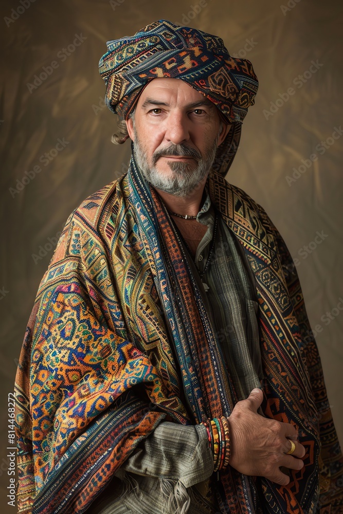 Obraz premium A man in traditional attire with intricate patterns, posed against a neutral background, softly lit