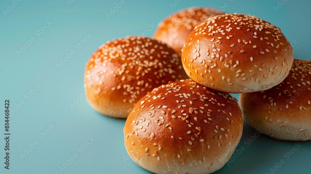 Advertising-ready top shot of classic sesame seed buns with a golden, elegant exterior and soft texture, studio lighting, isolated background