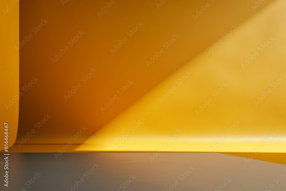 A minimalist dark yellow studio backdrop with a smooth gradient, complemented by a neutral grey floor, offering ample copy space for design or text 
