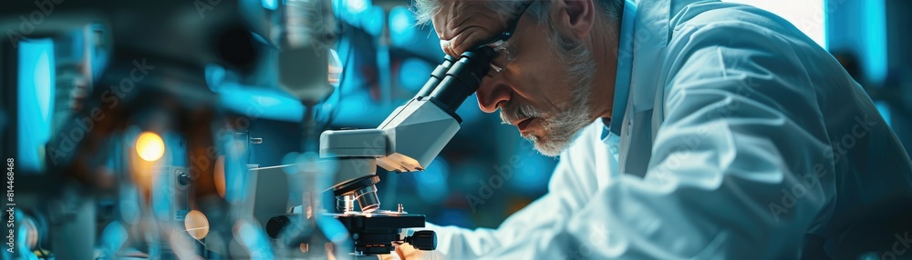 The scientist is looking through a microscope at a new strain of bacteria. The scientist is looking through a microscope at a new strain of bacteria.