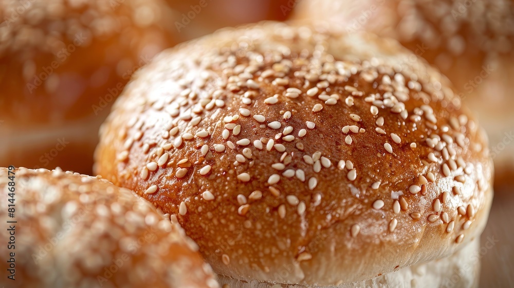 Advertising-ready close-up of a sesame seed bun, emphasizing the soft, airy texture and flavorful sesame seeds, isolated for clarity