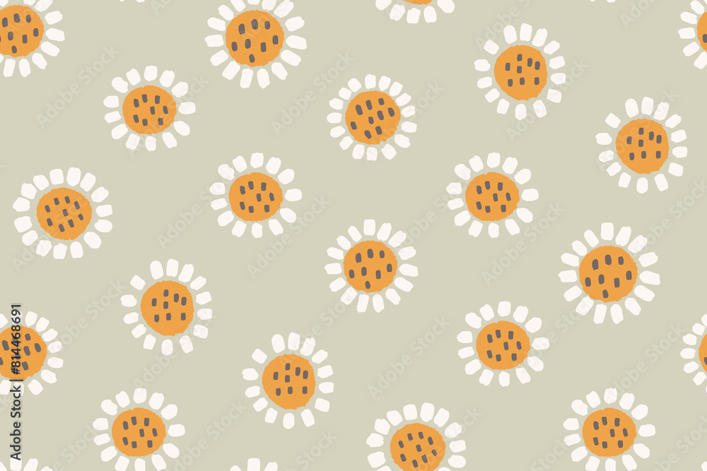 Big round daisies forming a beautiful floral pattern with brown,mustard yellow,off white,cream. Great for homedecor,fabric,wallpaper,giftwrap,stationery,packaging design projects.

