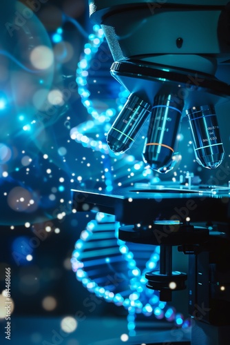 Microscope next to a digital DNA strand, futuristic overlay suggesting advanced research, backlit by blue lab lights