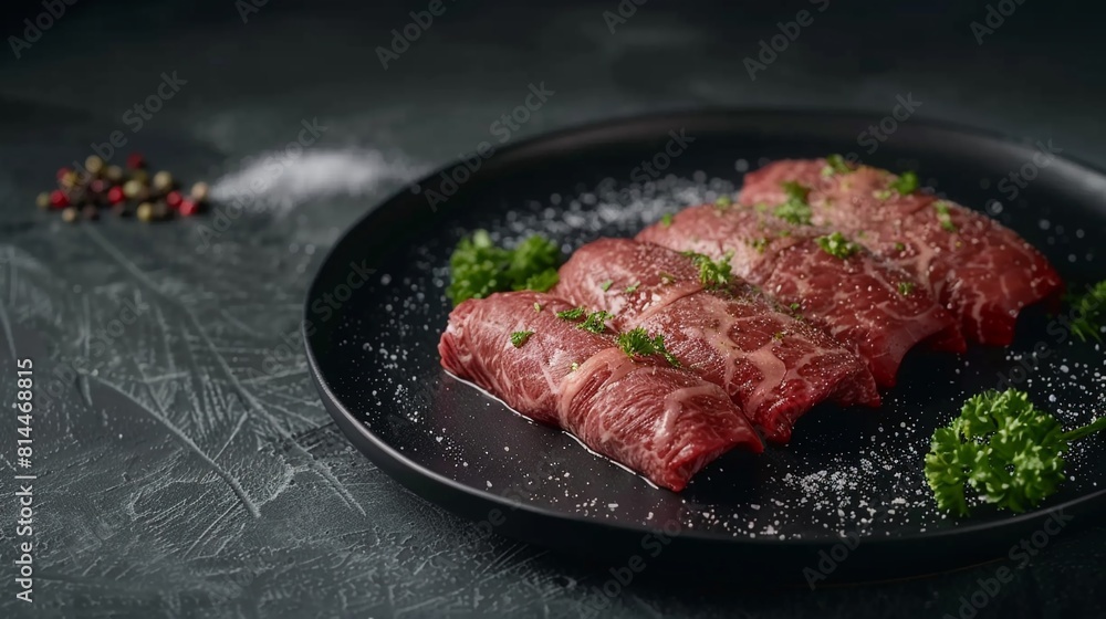 Sliced raw marbled beef on a dark plate garnished with parsley Sliced raw marbled beef on a dark plate garnished with parsley