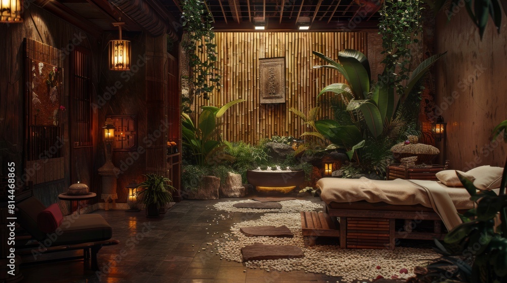 A serene indoor scene where a woman receives a bamboo massage in a spa decorated with Asian influences. A serene indoor scene where a woman receives a bamboo massage in a spa decorated with Asian influences.