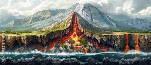 Delve into the geological wonders of a volcanic island with a crosssectional illustration, showcasing the magma chamber, volcanic vent, and the rich layers of soil that support life  8K , high-resolut photo