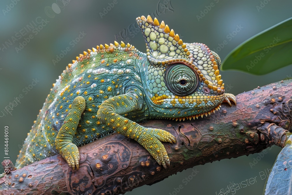 Fototapeta premium Jackson's Chameleon: Resting on a branch with horn-like protrusions and distinctive coloration.