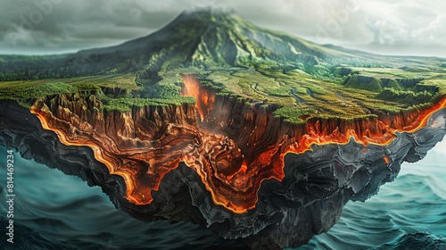 Gain insight into the dynamic nature of volcanic islands with a crosssectional view, highlighting the magma chamber, volcanic vent, and the layers of soil that foster biodiversity  8K , high-resolutio photo