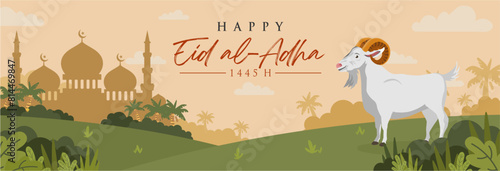 Eid Al Adha Mubarak2024 Template Background with Cow Illustration and Mosque. Idul Adha 1445 H banner. Vector Illustration