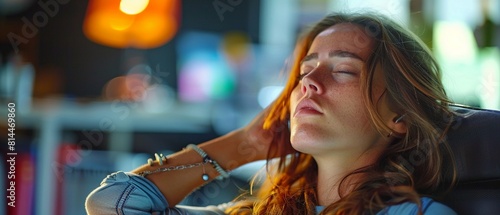 The exhaustion is evident on a womans face as she battles the neck pain and headache of office syndrome, a consequence of her long hours at the computer  8K , high-resolution, ultra HD,up32K HD photo