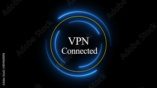 Neon circle with the word vpn connected in the center against dark background.