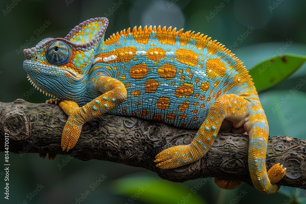 Obraz premium Jackson's Chameleon: Resting on a branch with horn-like protrusions and distinctive coloration.