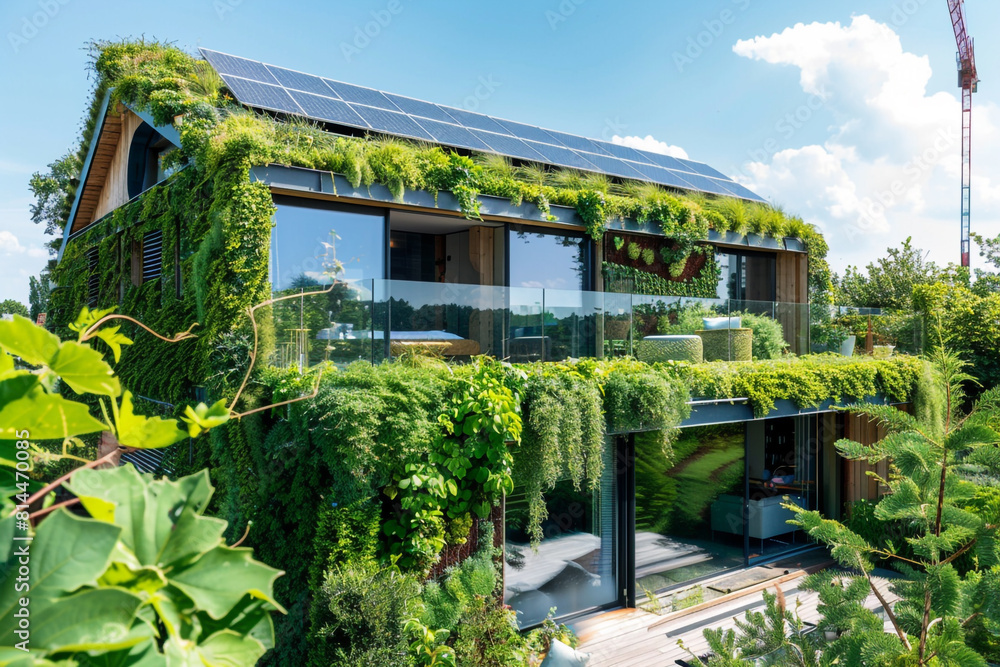 A modern ecofriendly green roof covered in lush vegetation and interspersed with efficient solar panels harnessing sustainable energy under a clear blue sky A modern ecofriendly green roof covered in lush vegetation and interspersed with efficient solar panels harnessing sustainable energy under a clear blue sky