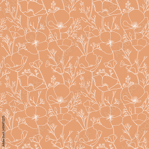 white ornament with Eschscholzia flowers. California poppy - vector decorative seamless pattern