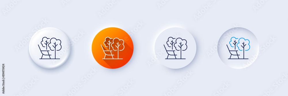 Deckchair line icon. Neumorphic, Orange gradient, 3d pin buttons. Chair furniture sign. Camping chair symbol. Line icons. Neumorphic buttons with outline signs. Vector Deckchair line icon. Neumorphic, Orange gradient, 3d pin buttons. Chair furniture sign. Camping chair symbol. Line icons. Neumorphic buttons with outline signs. Vector