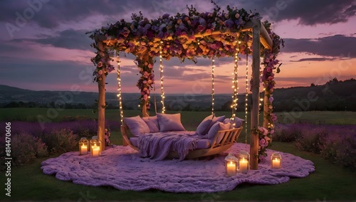 Purple sunset room with giant flower swing, led lights in clouds with a purple flower garden, purple picnic blanket with pillows candles