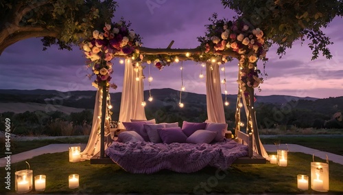 Purple sunset room with giant flower swing, led lights in clouds with a purple flower garden, purple picnic blanket with pillows candles