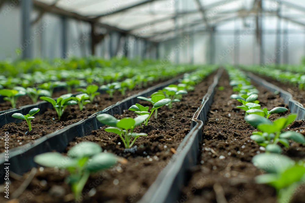 A modern greenhouse horticulture concept showcasing the efficient cultivation of vibrant flowers, representing a thriving floral agriculture business A modern greenhouse horticulture concept showcasing the efficient cultivation of vibrant flowers, representing a thriving floral agriculture business
