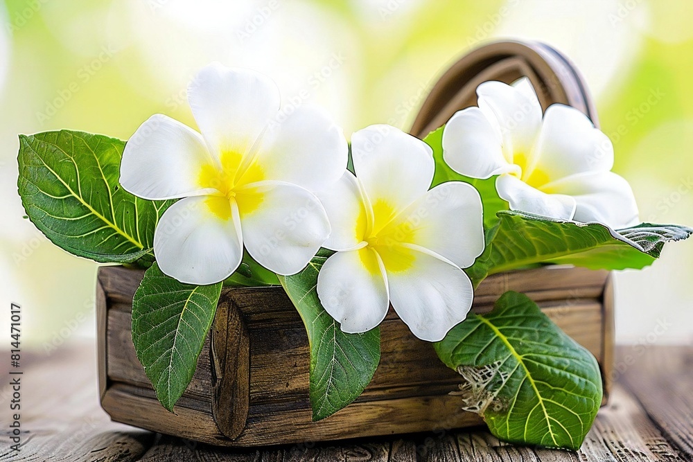 White Flowers Blooming in a Wooden Basket Under the Spring Sun White Flowers Blooming in a Wooden Basket Under the Spring Sun