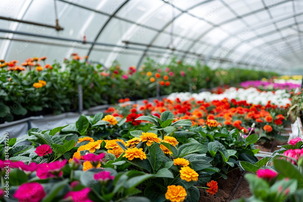 A modern greenhouse horticulture concept showcasing the efficient cultivation of vibrant flowers, representing a thriving floral agriculture business A modern greenhouse horticulture concept showcasing the efficient cultivation of vibrant flowers, representing a thriving floral agriculture business