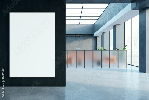 Modern office lobby interior with window  city view and blank white mock up banner on wall  reception desk and glass elements. 3D Rendering.