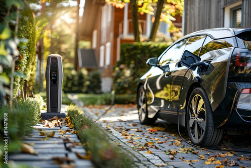 A modern private electric vehicle (EV) charging station installed at a residential home, featuring a dedicated power unit for convenient domestic plugin and charging of electric cars  photo