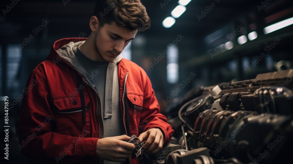 Young man working in auto repair shop. Selective focus on hands. Young man working in auto repair shop. Selective focus on hands.