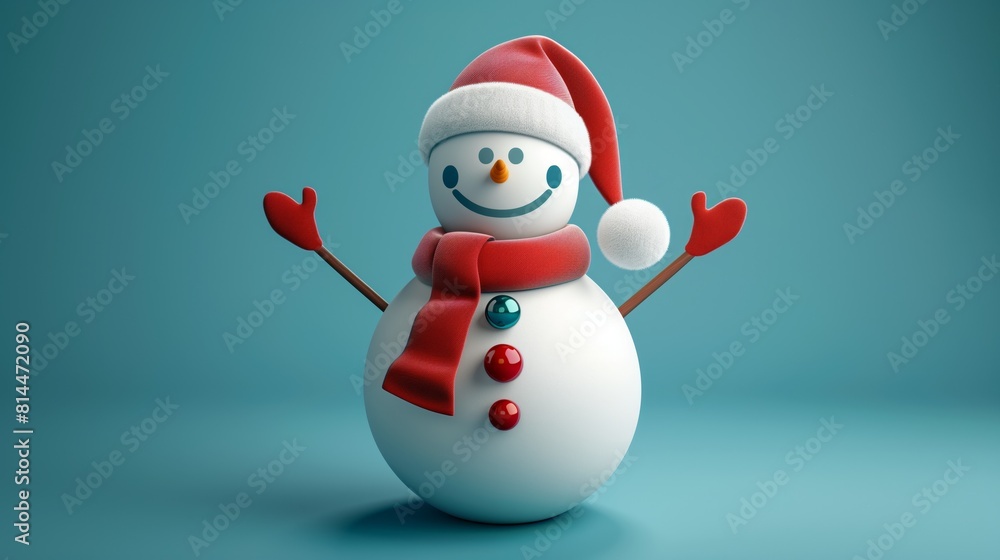 A cheerful snowman wearing a Santa hat and red scarf, smiling warmly against a teal background. A cheerful snowman wearing a Santa hat and red scarf, smiling warmly against a teal background.