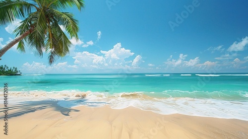 Scenic tropical beach with palm trees swaying gently under a bright summer sky