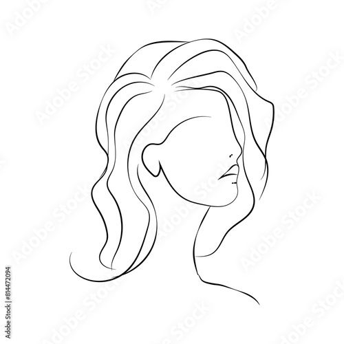 Beautyfull girl face. Attractive young woman portrait female beauty concept. Continuous one line drawing. Black and white vector illustration