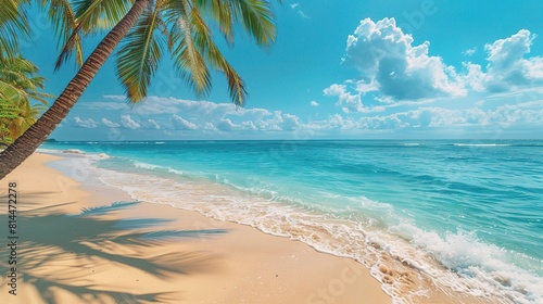 Scenic tropical beach with palm trees swaying gently under a bright summer sky