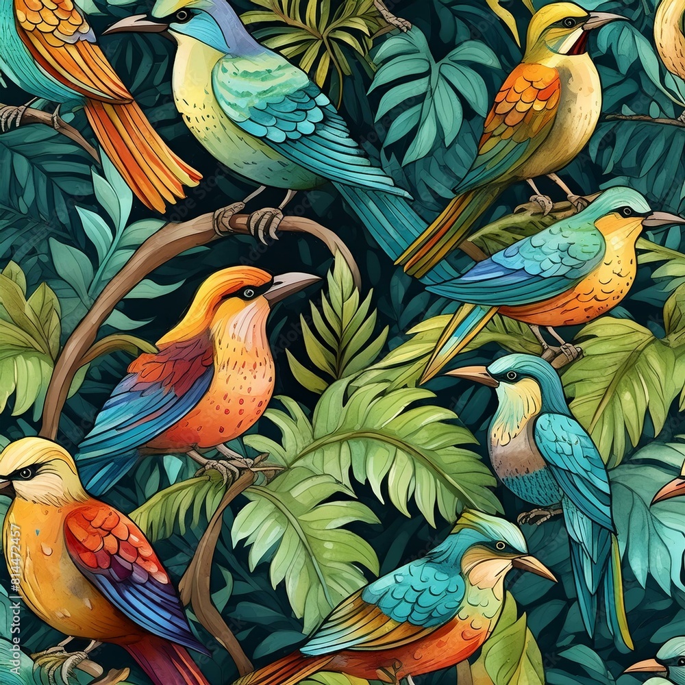 Obraz premium a seamless pattern featuring intricately tropical birds and lush jungle foliage.
