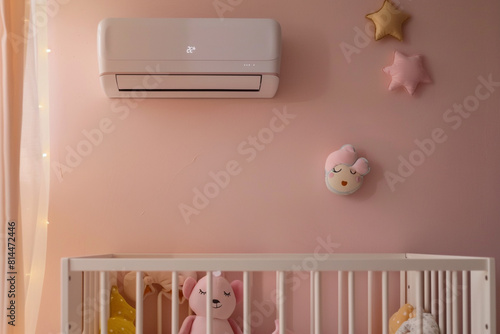 A modern, energy-efficient air conditioner mounted on a pastel-colored wall in a cozy baby bedroom, ensuring optimal climate control for a comfortable and safe kids room environment   photo