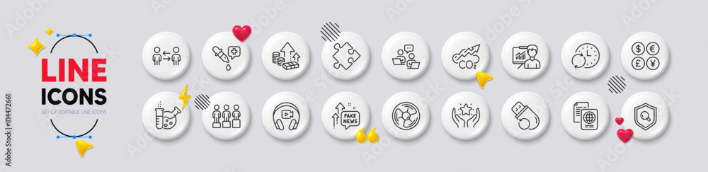 Teamwork, Chemistry lab and Inflation line icons. White buttons 3d icons. Pack of Flash memory, Headphones, Fake news icon. Co2, Money currency, Chemistry pipette pictogram. Vector Teamwork, Chemistry lab and Inflation line icons. White buttons 3d icons. Pack of Flash memory, Headphones, Fake news icon. Co2, Money currency, Chemistry pipette pictogram. Vector