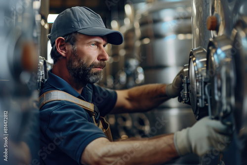 Focused winemaker in a blue cap and apron working with stainless steel fermentation tanks. photo