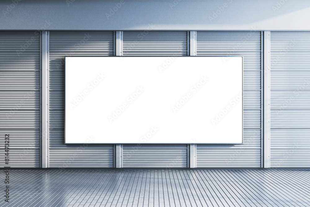 Empty gray linear blinds gallery wall with white mock up banner. Museum concept. 3D Rendering. Empty gray linear blinds gallery wall with white mock up banner. Museum concept. 3D Rendering.