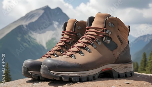 A mountain icon with a pair of hiking boots restin upscaled_8