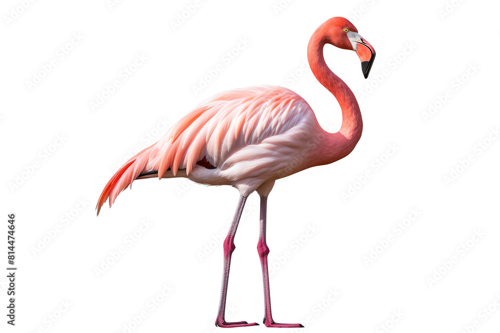 Obraz premium A beautiful pink flamingo standing on one leg in the water, with a blurred background.