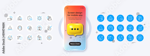 Phone mockup with 3d chat icon. Apartment insurance, Vaccine protection and Wash hands line icons. Pack of Medicine, Vaccination appointment, Quarantine icon. Vector