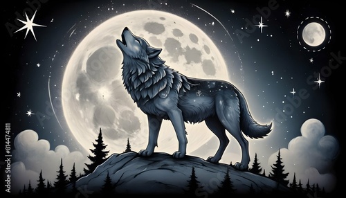 Illustrate a tattoo design of a cosmic wolf howlin upscaled_7 © Medina
